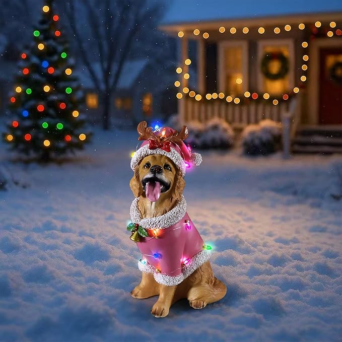 Christmas Outdoor Decoration Dog Statue, LED Light Cute Golden Retriever Dog Sculpture with Pink Santa Outfit & Lights for Garden and Yard, Indoor Holiday Décor Gift for mom and dad