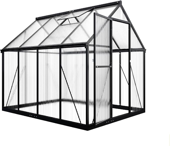 VIWAT 6x7.5 FT Greenhouse for Outdoors, Polycarbonate Greenhouse with Quick Setup Structure and Roof Vent, Aluminum Large Walk-in Green House for Outside Garden Backyard, Black