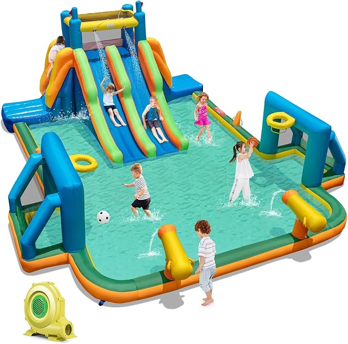 BOUNTECH Inflatable Water Slide, 19x17FT Kids Mega Waterslide Park w/Dual Slides for Racing Fun, 1100W Blower, Splash Pool, Blow up Water Slides for Big Kids and Adults Outdoor Backyard Party Gifts