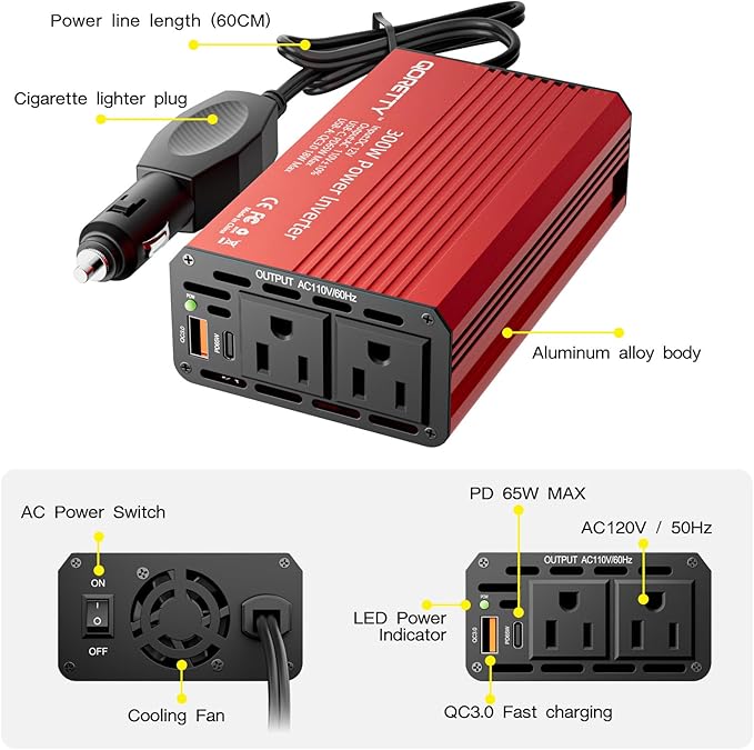 Car Power Inverter 300W, DC 12V to AC 110V Converter with Dual AC Outlets, USB Fast Charging Ports with PD 65W & USB-A 18W Car Plug Adapter Outlet for Laptop, Phone, Tablet
