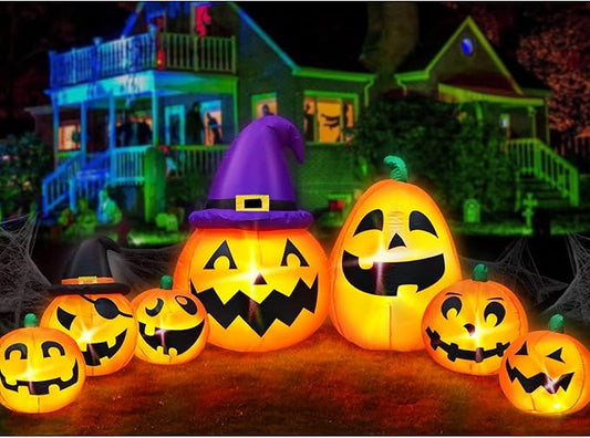 12 Ft Long Halloween Inflatables Pumpkins Outdoor Yard Decoration, 7 PCS Blow up Pumpkins and 2 Witch Hats Built-in LED Lights for Home Holiday Party Lawn Patio Outside