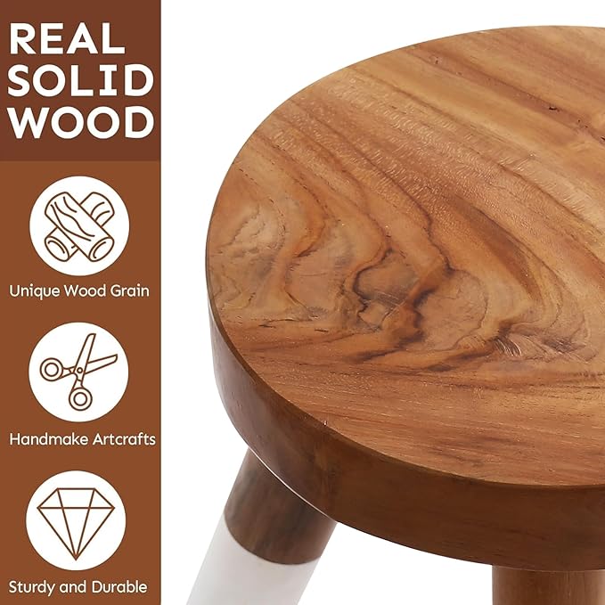 Teak 12" Round Dip Dyed Wood Plant Stand | Wood Accent Stool | Bath Stool | Milking Stool (12" Tall White)