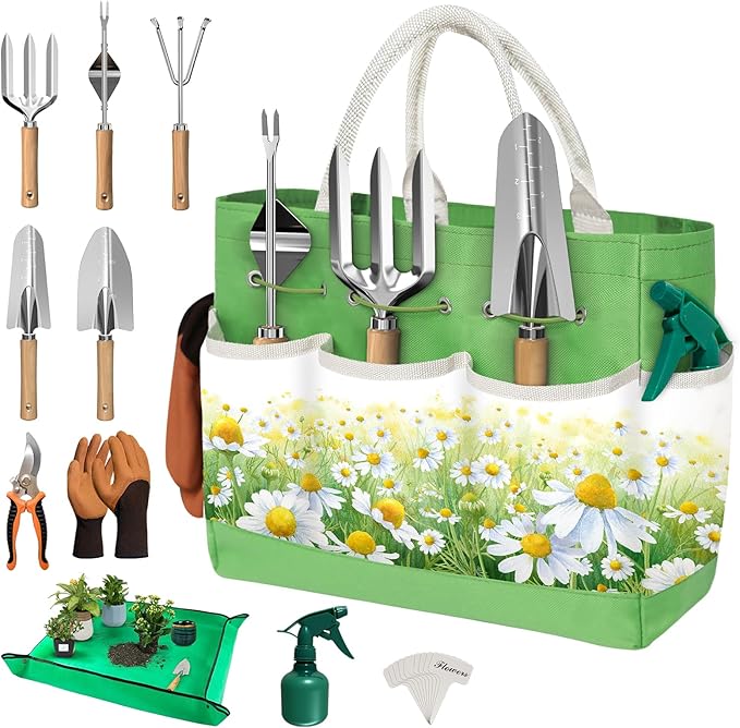 22PCS Ergonomic Garden Tools Set for Women,Heavy Duty Hand Tool Kit Included Handy Tote Bag/Trowel/Pruning Shears/Rake/Pruner/Gloves/Plant Tags,Garden Supplies Gardening Gifts for Gardeners Beginners