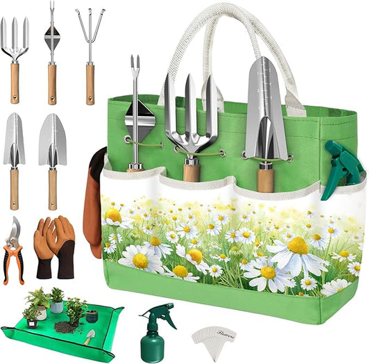 22PCS Ergonomic Garden Tools Set for Women,Heavy Duty Hand Tool Kit Included Handy Tote Bag/Trowel/Pruning Shears/Rake/Pruner/Gloves/Plant Tags,Garden Supplies Gardening Gifts for Gardeners Beginners