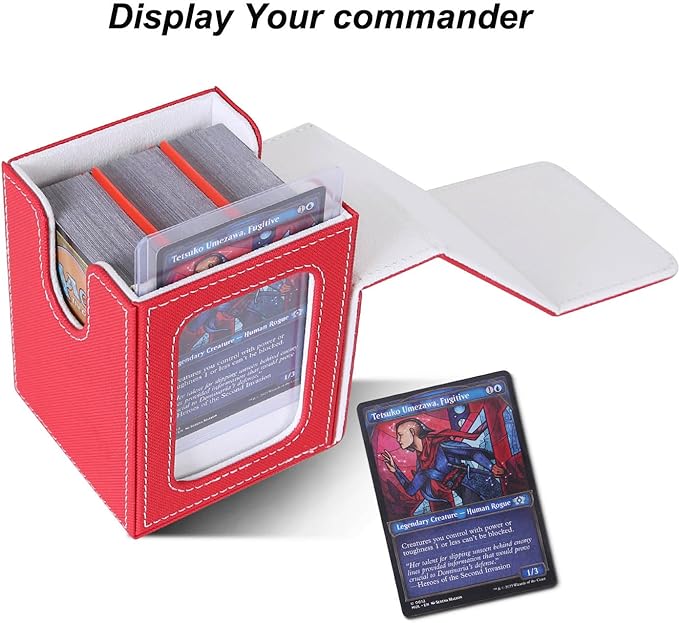 AFIING MTG Deck Box for Commander Display,Card Deck Box Fits 60+ Double Sleeved Cards or 100+single sleeved cards, Magic Commander TCG Card Storage Box with 2 Dividers,Dice Bag(Red/White)