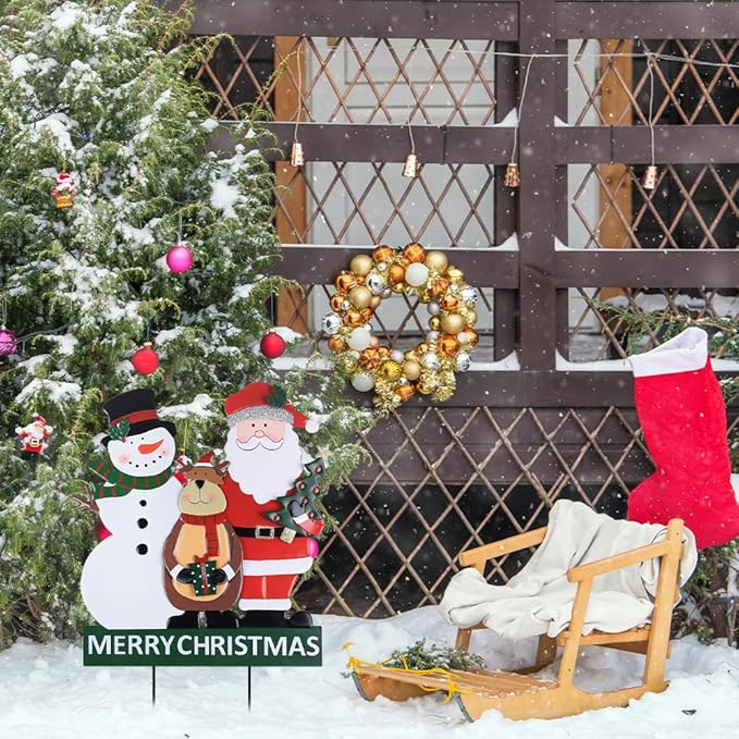 YEAHOME Outdoor Christmas Decorations, 3 Metal Snowman Santa Claus Deer Decorative Garden Stakes for Christmas Outdoor Yard, Xmas Signs for Home Outside Yard Lawn Porch Pathway Xmas Decor