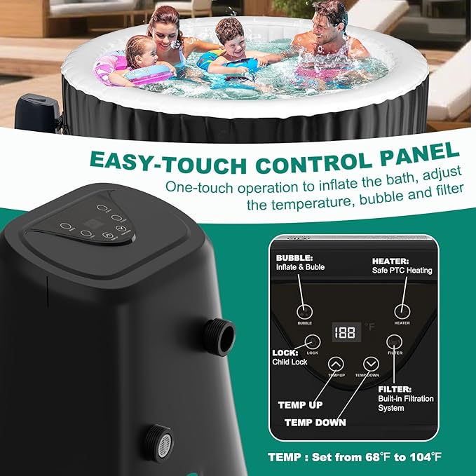 DoCred 4-6 Person Inflatable Hot Tub, 82" X 82" X 25" Round Blow up Portable Hot tub with 130 Bubble Jets, Large Outdoor Spa Bathtub Set Included Heater Pump, Insulated Cover and Filter