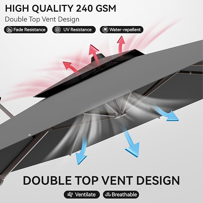 9x12 FT Patio Umbrella, Large Cantilever Rectangular Double Top Heavy Duty Offset Umbrellas with 360° Rotation, Outdoor shade for Garden Deck Pool, Gray