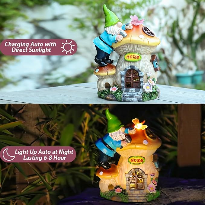 Garden Gnome Statue - Solar Powered Gnome Lights Decoration Outdoor Figurines for Yard with Gnome Building Mushroom House, Lawn Ornaments for Porch Balcony Patio Decor, Gifts for Mom Grandma