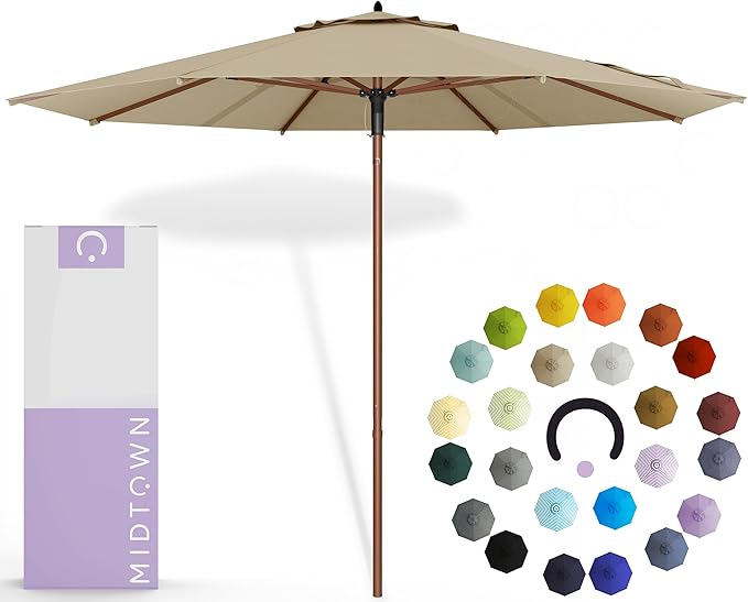 Midtown Umbrellas The Wooden 8 Feet Patio Umbrella With Terylast Chestnut (Beige) Polyester Fabric - Aluminum Frame Market Umbrella For Backyard, Deck, Garden, Pool - Wooden Pole