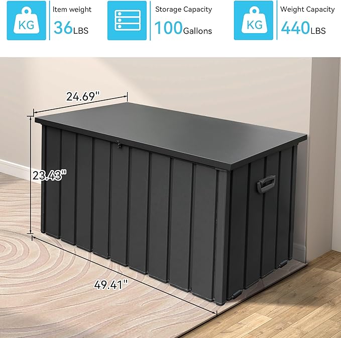 Outdoor Storage Box 100 Gallon, Waterproof Steel Deck Box, Large Patio Furniture Storage Cabinet, Lockable Storage Bench for Porch Package Delivery, Cushions, Pool, Tools- Dark Grey