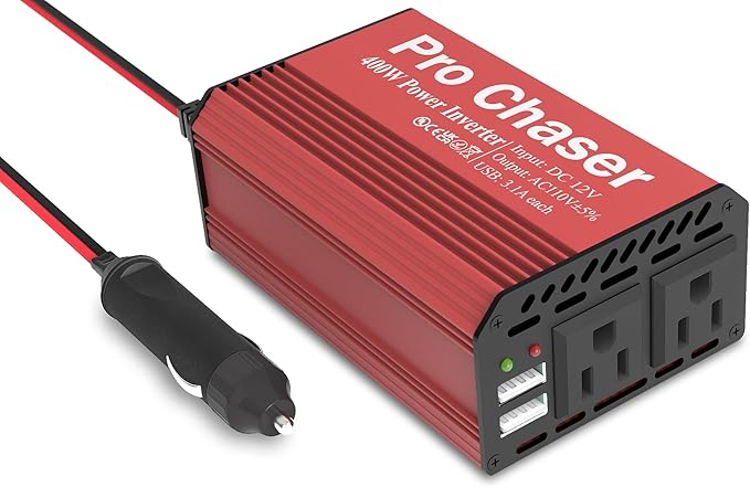 Pro Chaser 400W Car Power Inverter – DC 12V to AC 110V Converter with Dual AC Outlets & 6.2A USB Ports, Ideal for Road Trips, Camping, Small Appliances & Electronics (Red)