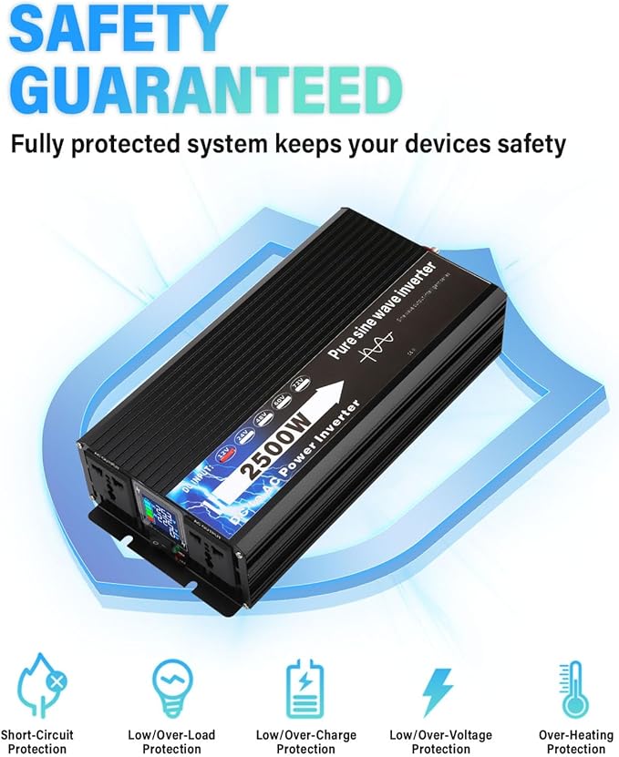 NIHAO 2500W Power Inverters DC 12V to 110V AC Converter with LCD Display, 2 International Socket and Battery Clips for Home, RV, Outdoor, Camping, Boat
