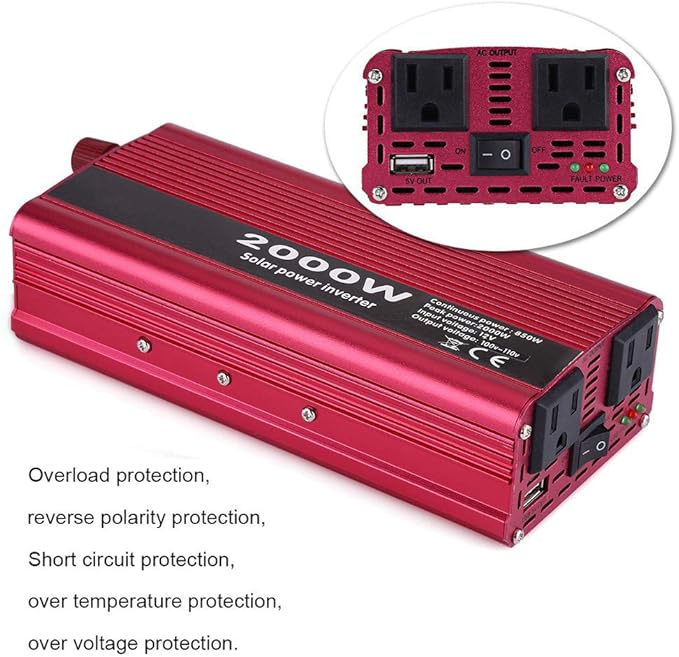 Power Inverters, 2000W DC 12V to 110V Car Converter with 2 AC Outlets & USB Ports for Household Appliance