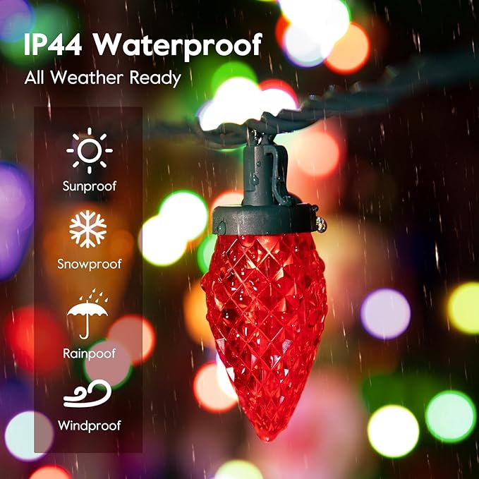 Brightown Red and White C9 LED Christmas String Lights, 33ft 50 LED Waterproof Strawberry String Lights, Plug-in Extendable Green Wire Lights String for Outdoor Indoor Patio Party Decoration