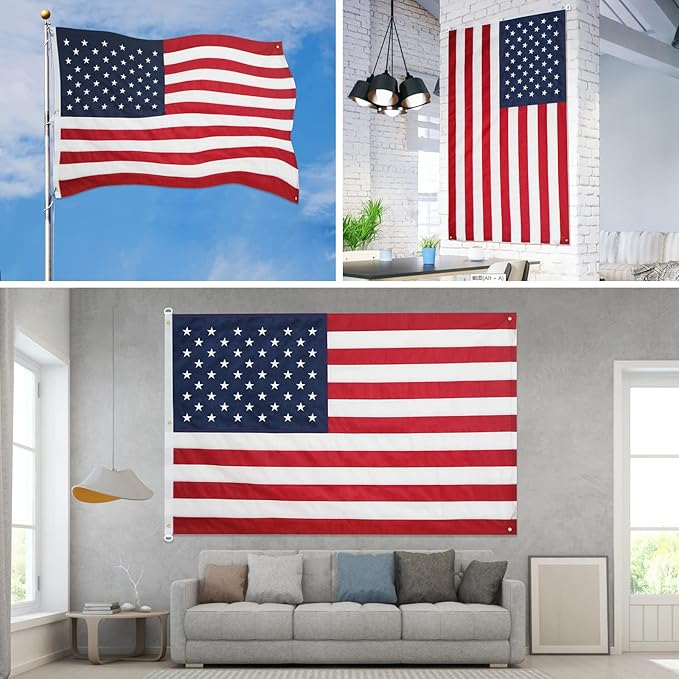 American Flag 5x8 Ft, Five Brass Grommets Multipurpose US Flag, Embroidered Stars, Sewn Stripes, Outdoor Heavy Duty Durable USA Flags, Hanging Indoor/Bedroom/Room/Wall American Flag