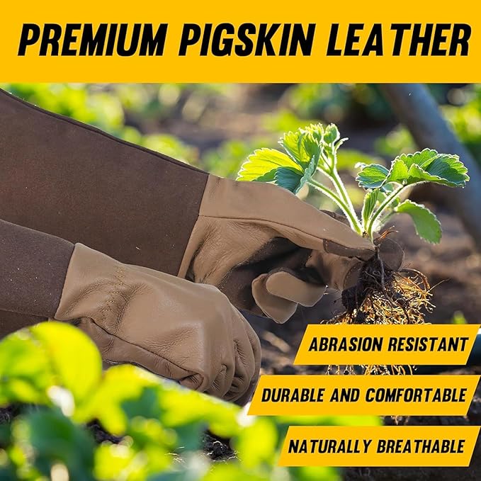 Rose Pruning Gloves for Men & Women, Long Thorn Proof Gardening Gloves, Breathable Pigskin Leather Gauntlet, Best Garden Gifts & Tools for Gardener (Coffee Colour, M)