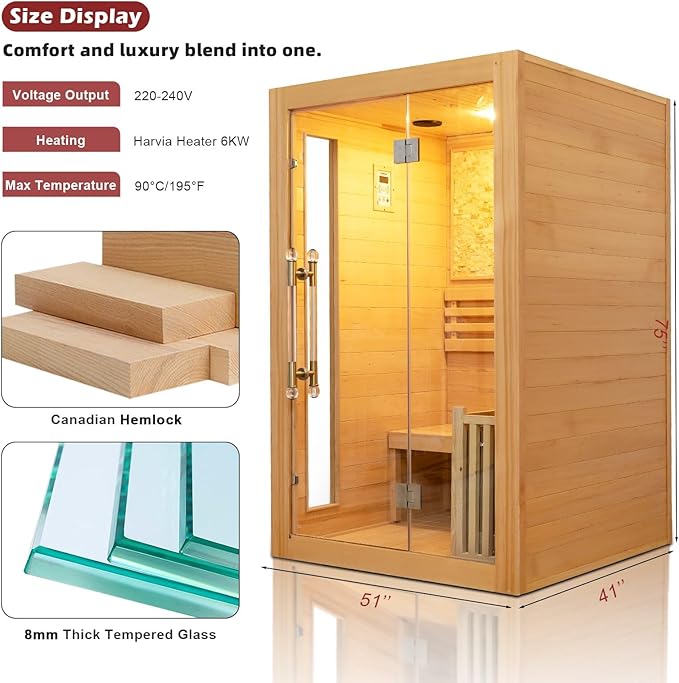 Indoor Steam Sauna 2 Person, Canadian Hemlock Saunas, 6KW Harvia Heater, 220V, Left Door(120-195℉) with Himalayan Salt Panel and LCD Touch Control Panel