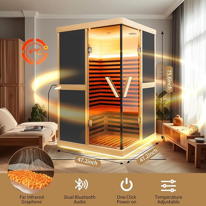 Home Sauna Infrared Sauna 7 Color Light Indoor Sauna for 2 Person,APP Control Dry Sauna Low EMF 1980W/110V Canadian Hemlock Wood Saunas,for Home Spa