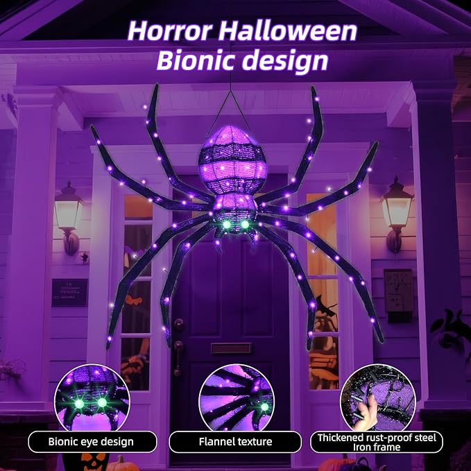 HOYECHI Halloween Decorations Outdoor Hanging Spider - 4.2FT Giant Climb The Wall Spider Halloween Decor, Light Up Spider with 90 LED Lights, for Front Yard Porch Roof Party Outside - Black