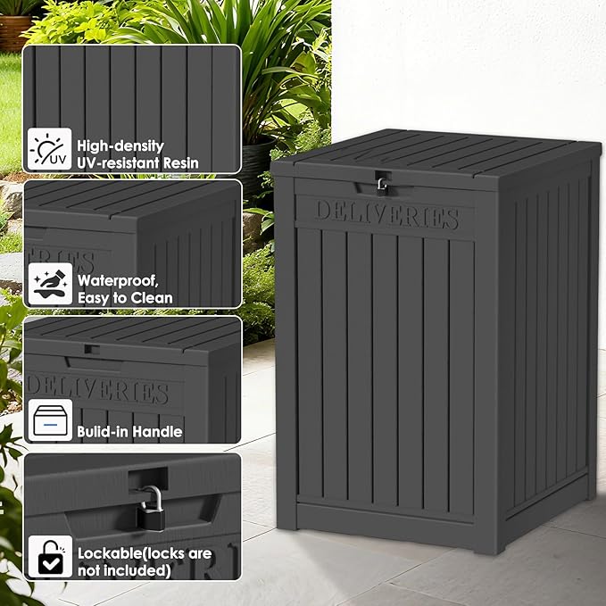48-Gallon Lockable Outdoor Delivery Box, High-Density Resin Storage Chest with Wood Grain Finish, Weatherproof for Porch, Balcony, and Garage Storage, Black