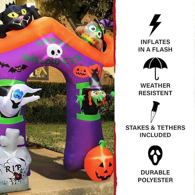 Haunted Hill Farm 10.5-ft. Haunted House Arch Blow Up with Lights, Modern Inflatable Decorations for Halloween, Giant Spooky Outdoor Decorations for Patio and Yard