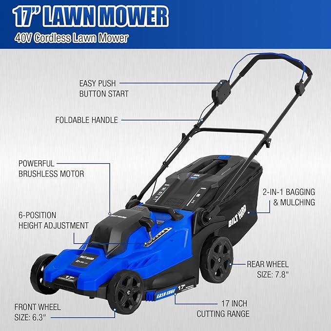 BILT HARD 17'' 40V Cordless Push Lawn Mower, 12'' String Trimmer and Leaf Blower Combo Set, Electric Lawn Mower Set with 3 x 4.0Ah Batteries and Dual Charger