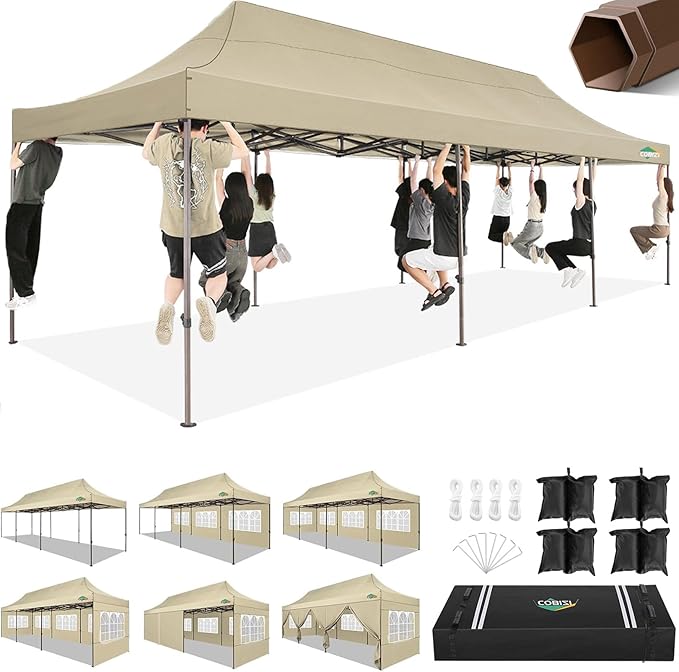 COBIZI 10x30 Heavy Duty Pop Up Canopy with 8 Sidewalls and Hexagonal Legs, Easy up Tent for Parties, Wedding and Commercial, Outdoor Canopy with Carry Bag, Sand Bags, Waterproof & UPF50+ (Khaki)