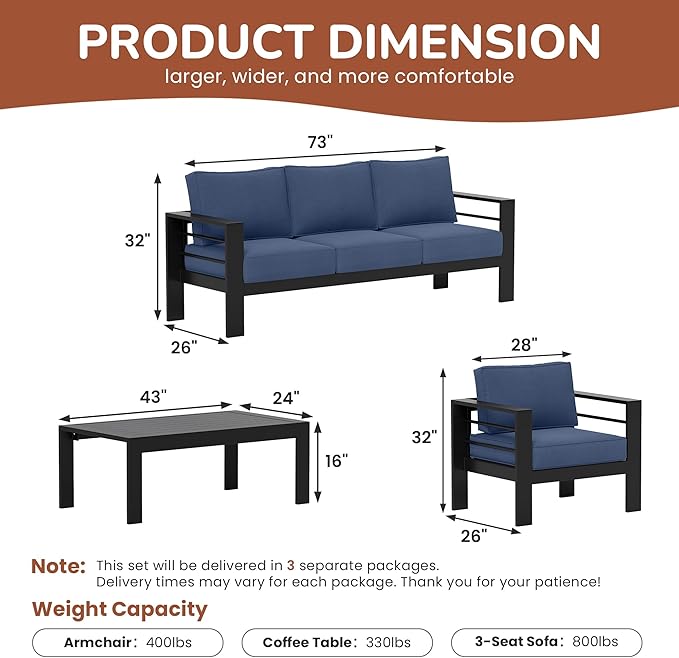 Solaste Aluminum Patio Furniture Set, 5 Seats Modern Outdoor Conversation Set Sectional Sofa with Upgrade Cushion and Coffee Table,Black Frame and Blue Cushion