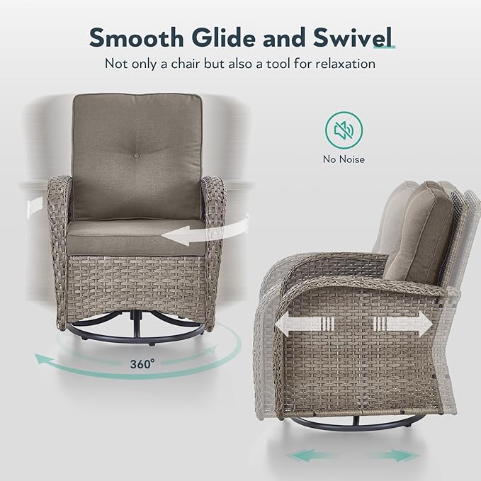 6 Piece Patio Furniture Set - Wicker Patio Conversation Set with Swivel Glider, 3-Seater Sofa, Tempered Glass Side Table and 2 Ottomans for Deck Backyard - Grey Wicker Grey Cushion