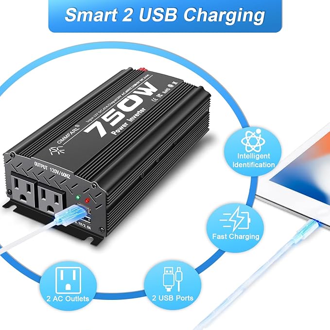 750W Modified Sine Wave Power Inverter DC 12V to AC 110V, Peak 1500 Watt, Car Plug Inverter Adapter Power Converter with 4.2A Dual USB Charging Ports and 2 AC Outlets Car Charger Black
