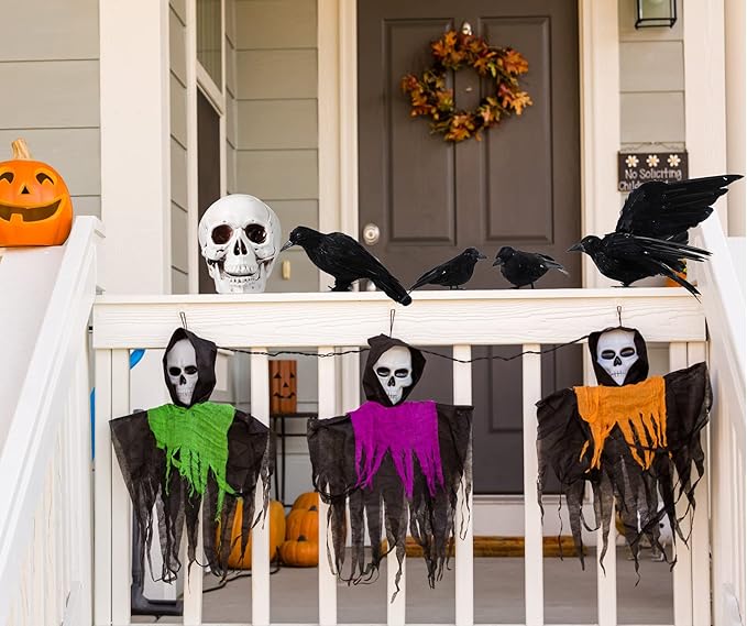 Yerliker 5 Pcs Halloween Black Feathered Crow and Skull Statue Set Handmade Realistic Crow Decor Spooky Plastic Fake Porch Decor for Halloween Decorations