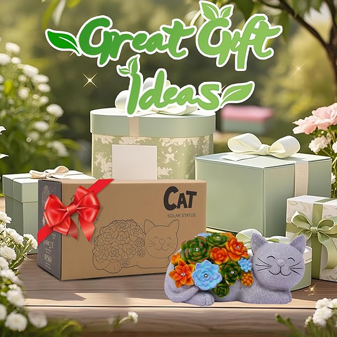 Solar Cat Garden Statue for Outdoor: Outside Sculpture Art Decor Yard Lawn Porch Backyard Ornament- Ideal Gifts for Mom Mother Women