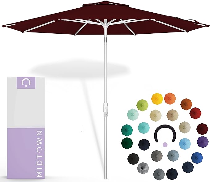 Midtown Umbrellas The Swilt 10 Feet Patio Umbrella in Sunbrella Burgundy Acrylic Fabric - Fiberglass Ribs, Auto-Tilt Aluminum Frame For Backyard, Deck, Garden, Pool - White Pole