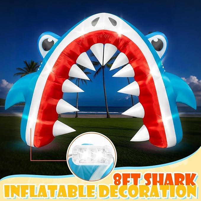 Eyourlife 12×8 FT Shark Halloween Inflatable Arch, Giant Outdoor Blow Up Yard Decoration with Built-in 6 LED Lights for Pool Stage Event Birthday Party Ocean Theme Luau Beach Party Take Photos
