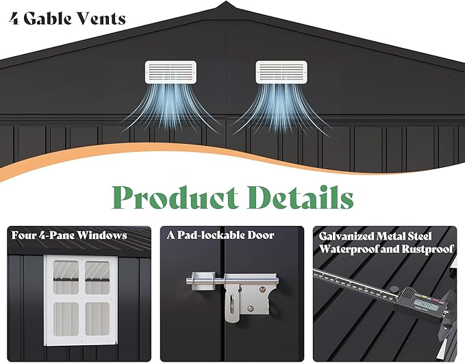 AMERLIFE 13x21x8 FT Heavy Duty Metal Garage Shed, Extra Large Outdoor Storage Shed with Double Hinged Doors, 4 Windows, Carport for Car, Truck, Bicycle and Garden Equipment, Dark Gray