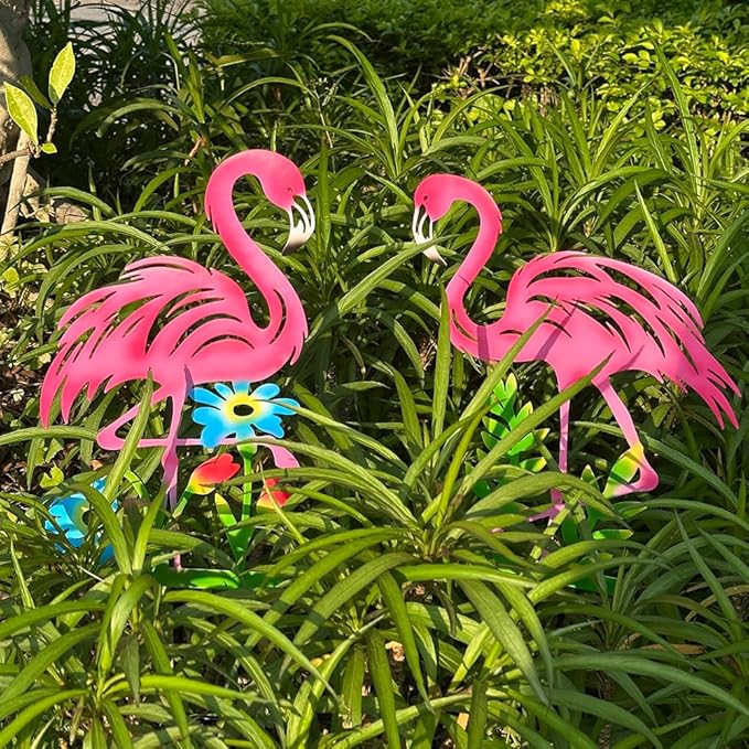 2 Pack Pink Flamingo Garden Statue - 20.5 inch Hand Flamingo Painted Metal Patio Art, Outdoor Decorative Stake Flamingo Statue for Lawn, Patio, Porch and Backyard, Gifts for Ladies (A Style 2 Pack)