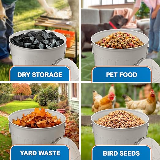 Plexon Large Metal Trash Can with Lid 20 Gallon, Decorative Outdoor Trash Can, Heavy Duty Galvanized Metal Bucket with Lid for Kitchen Garage Farmhouse, Beige, 6 Pack