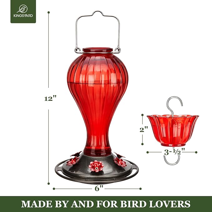 Kingsyard 2 Pack Glass Hummingbird Feeder 24 Ounces, 6 Feeding Ports, Hanging Bird Nectar Feeder for Outdoors Garden Yard Décor, Ant Moat Included, Red