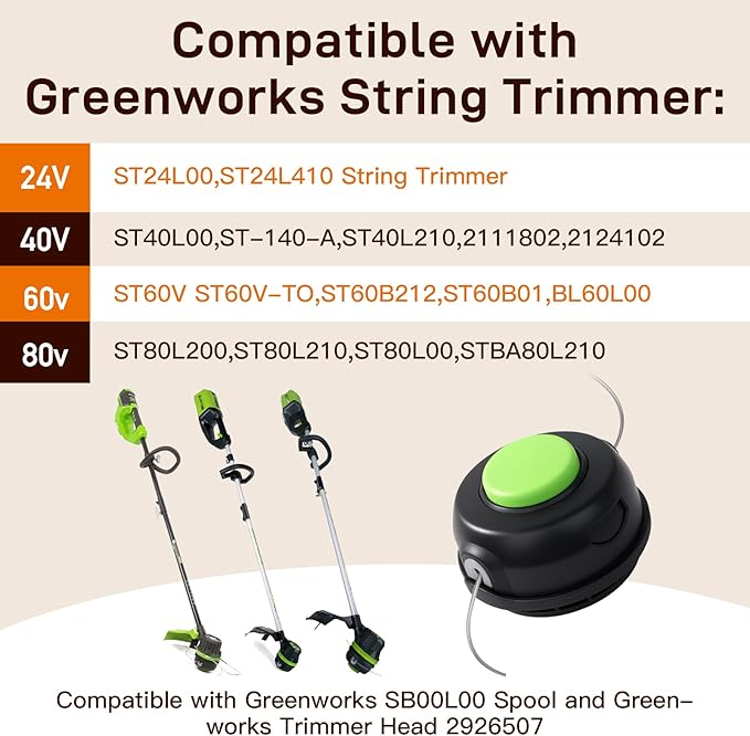 SB00L00 Spool Replacement Bump Trimmer Head 2926507 Compatible with Greenworks ST40L00 ST60V ST60L210 ST60L00 ST60B00 80V ST80L200 Front Mount String Trimmer Weed Wack,Pre-Wound 0.080" 17Ft Dual Line