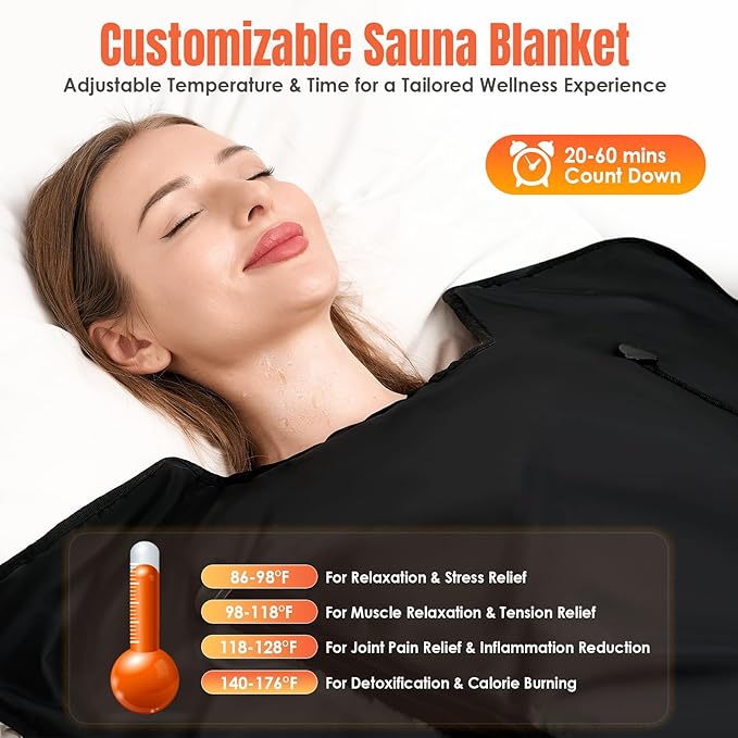 MIXC Infrared Sauna Blanket for Home Use, Portable Design and Full Body Detox & Relaxation, Highest 176℉, 20-60 Minutes Timer, 6 ft x 2.65 ft Black