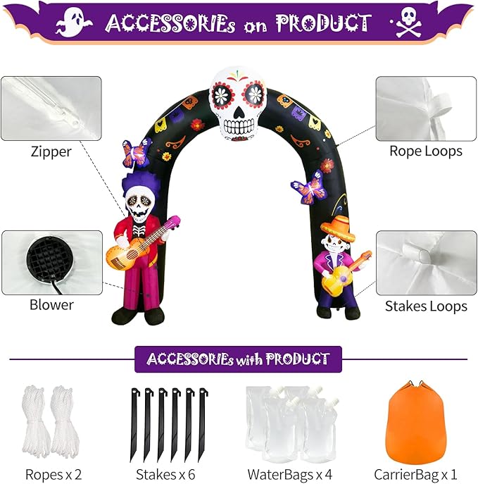 DomKom Halloween Inflatable Blow Up Decorations Archway, Dia de Los Muertos 8FT Day of Dead Arch with Skull Skeleton, Built-in LEDs for Holiday Party, Garden, Lawn, Yard, Patio Décor