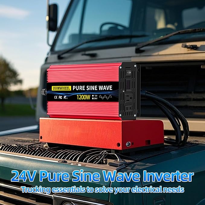 SUNWHEEL 1200W 24V Pure Sine Wave Inverter, 24V DC to 110V/120V AC Power Inverter for RV、Off Grid、Truck、Power Outage with 2 AC outlets and LCD Display
