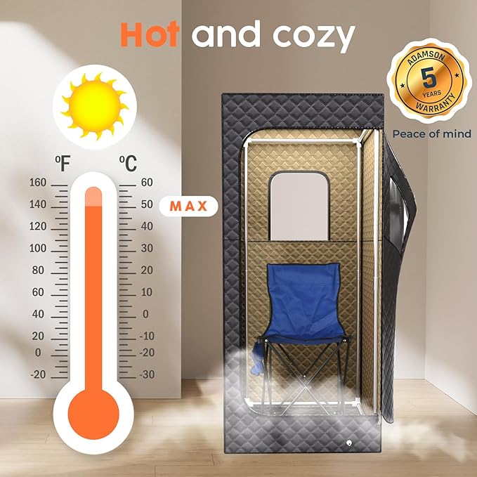 Adamson Full Size Portable Steam Sauna - Indoor Sauna Tent for Home Spa Relaxation - 2.6L 1000W Steamer - Boost Health and Recovery - Chair - Remote - Foot Massager