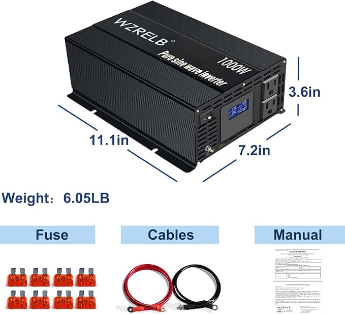 WZRELB Pure Sine Wave Inverter 1000W 12VDC to 120VAC Solar Power Converter Truck RV Home LCD Display