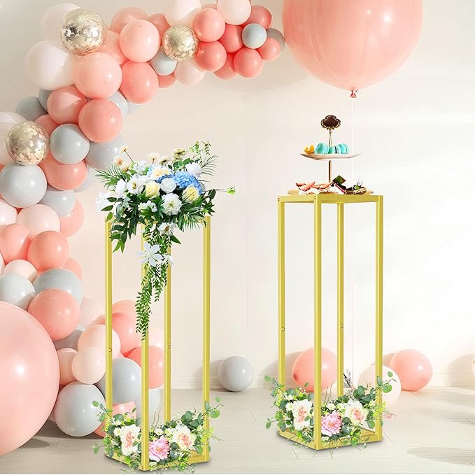 Gold Cylinder Stands for Party,2pcs Wedding flower stand,Metal Square Pedestal Stand for Display plant Parties Birthday Decor,31.5 Inch