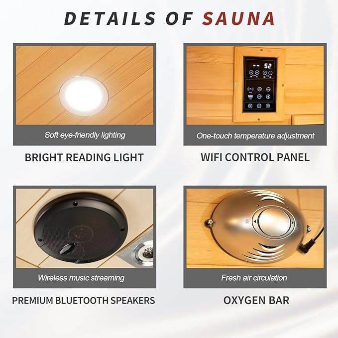 Far Infrared Wooden Sauna 2 Person, Canadian Hemlock Sauna, 120V, 1750 W, 8 Heating Element, 7 Color Light, Oxygen Bar(100-149 ℉) Fast Delivery