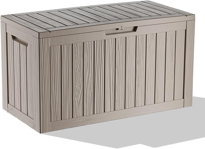 Vixzen 90 Gallon Resin Deck Box, Lockable Outdoor Storage Box for Patio Cushions Storage Furniture,Garden Tools, Pool Supplies, Weatherproof and UV Resistant-Grey
