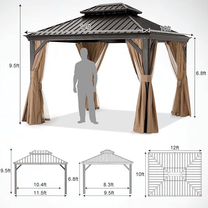 ABCCANOPY Hardtop Gazebo 10x12 - Outdoor Metal Hard Top Gazebo, Permanent Galvanized Steel Aluminum Framed Pavilion with Netting and Curtain for Patio Backyard Lawn Garden (Double Roof, Khaki)