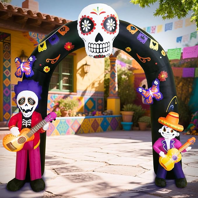 DomKom Halloween Inflatable Blow Up Decorations Archway, Dia de Los Muertos 8FT Day of Dead Arch with Skull Skeleton, Built-in LEDs for Holiday Party, Garden, Lawn, Yard, Patio Décor